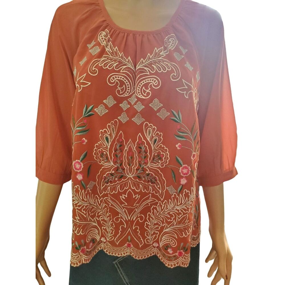 NEW Soft Surroundings Size MP Medium Petite Coral Embroidered Blouse